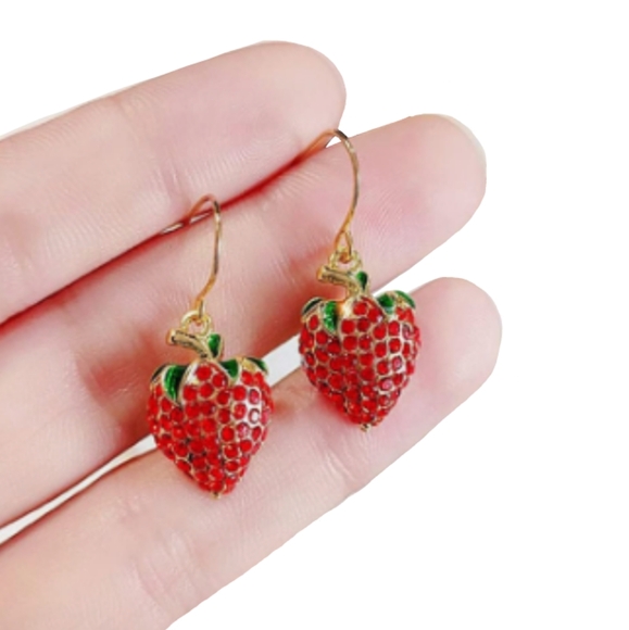 Red Rhinestone Strawberry Earrings Pave Strawberries Crystal Fruit Charms Gold - Picture 2 of 6
